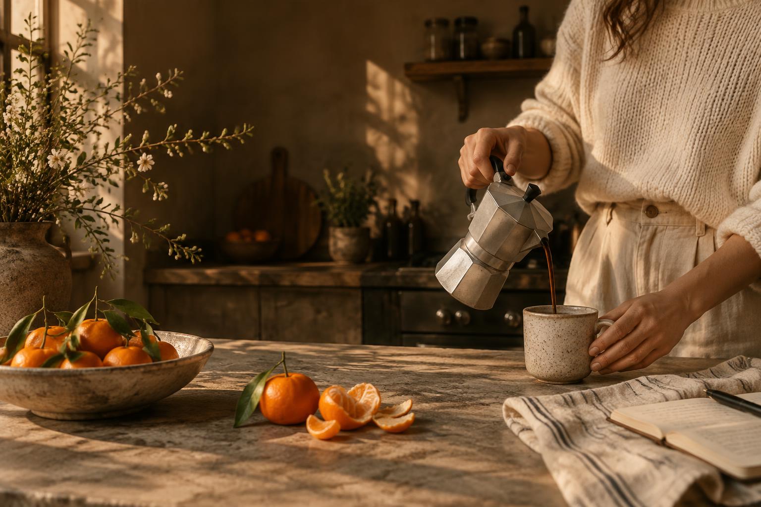 Una mañana cálida preparando café y mandarinas en casa